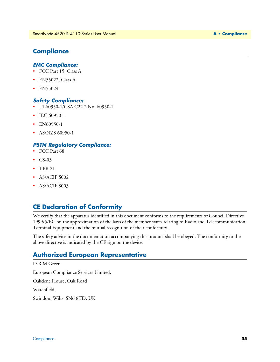 Patton electronic 4520, 4110 user manual Compliance, CE Declaration of Conformity, Authorized European Representative 