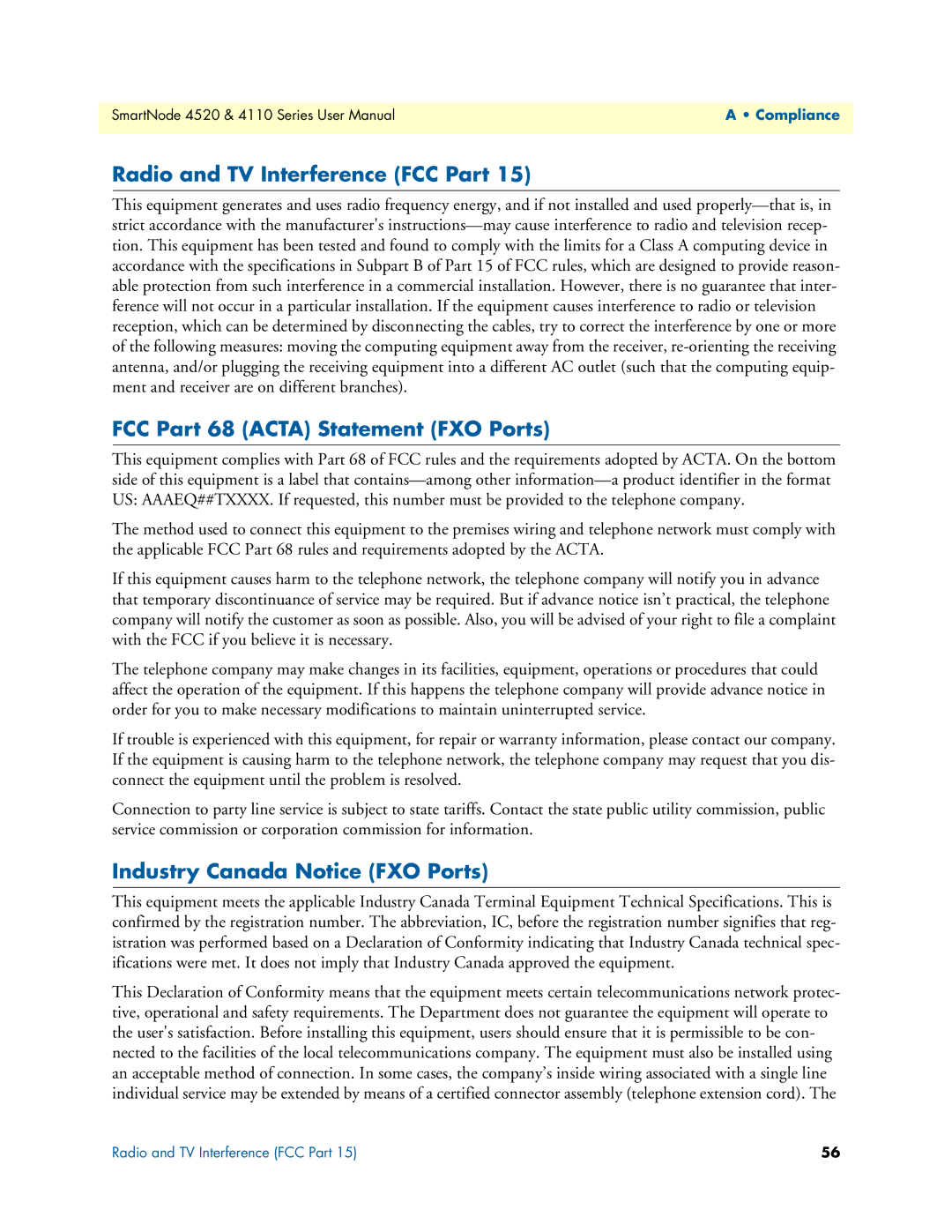 Patton electronic 4110, 4520 user manual Radio and TV Interference FCC Part, FCC Part 68 Acta Statement FXO Ports 