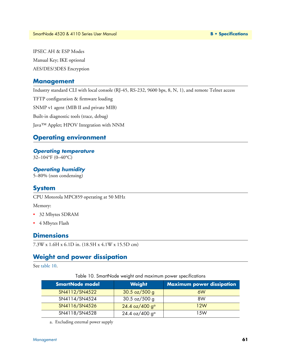 Patton electronic 4520, 4110 user manual Management, Operating environment, System, Dimensions, Weight and power dissipation 