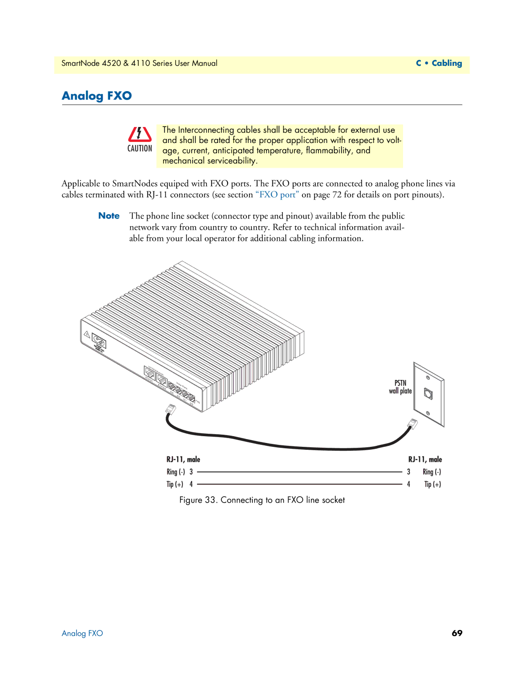 Patton electronic 4520, 4110 user manual Analog FXO, Connecting to an FXO line socket 