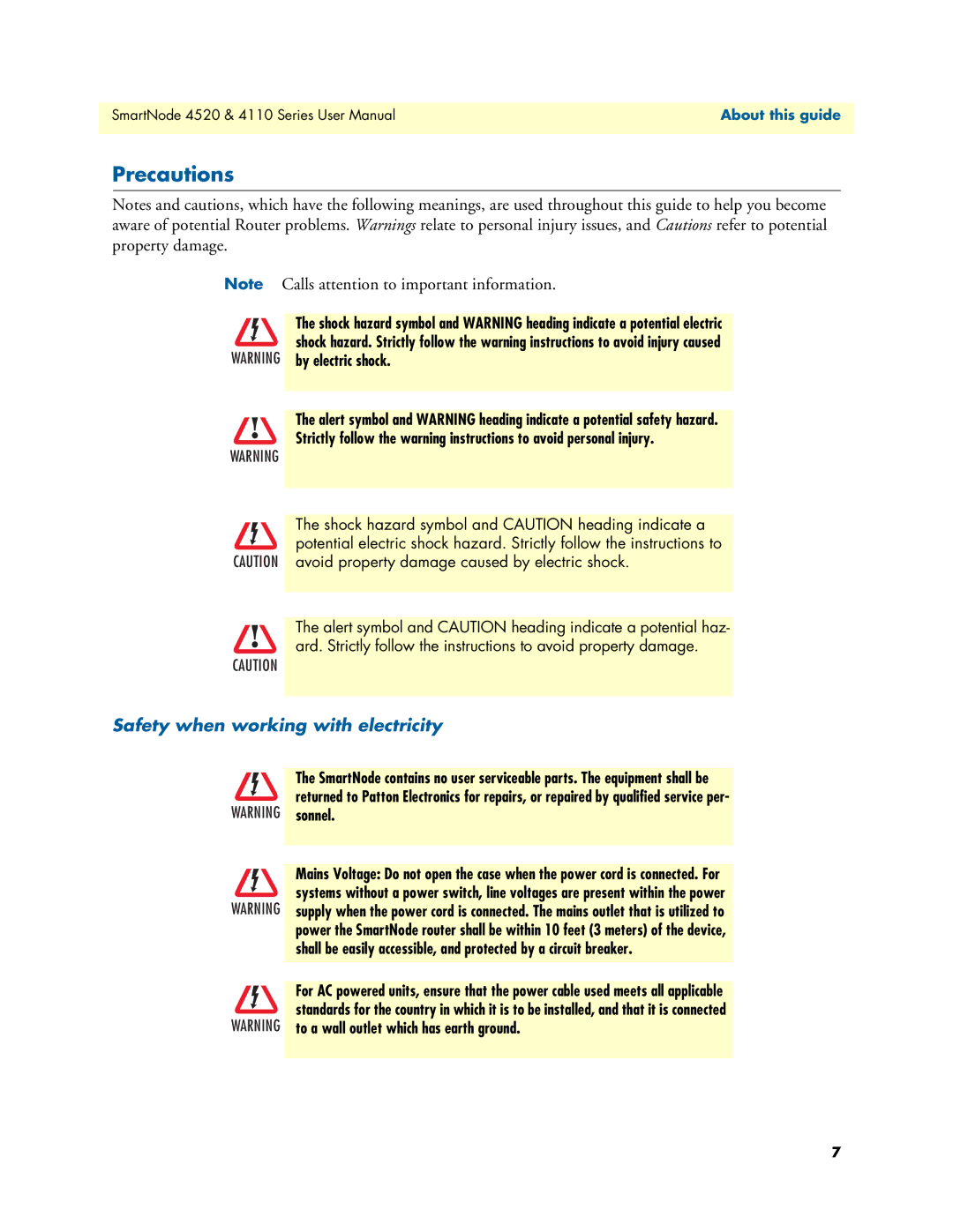 Patton electronic 4520, 4110 user manual Precautions, Safety when working with electricity 