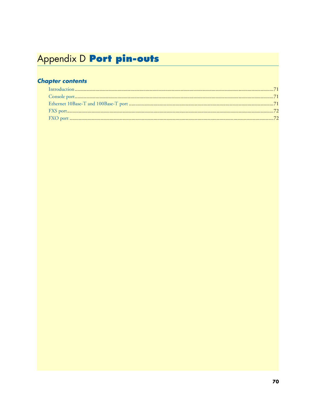 Patton electronic 4110, 4520 user manual Appendix D Port pin-outs, Chapter contents 