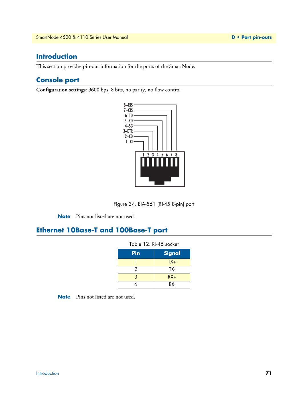 Patton electronic 4520, 4110 user manual Console port, Ethernet 10Base-T and 100Base-T port 