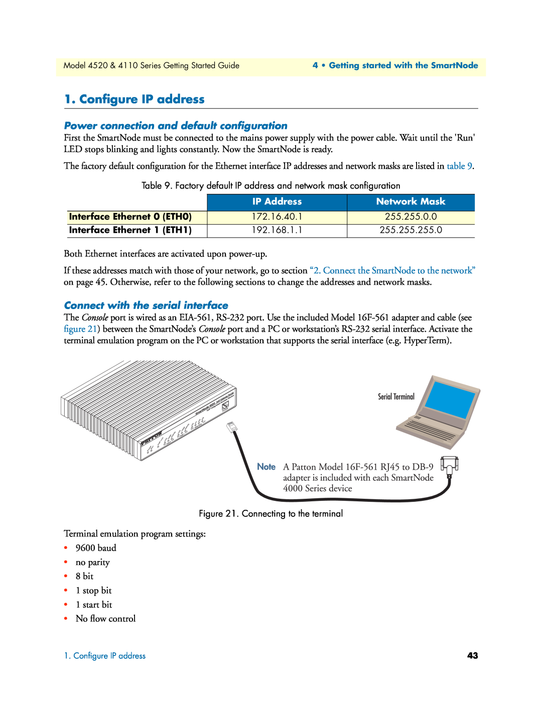 Patton electronic 4110 Conﬁgure IP address, Power connection and default conﬁguration, Connect with the serial interface 