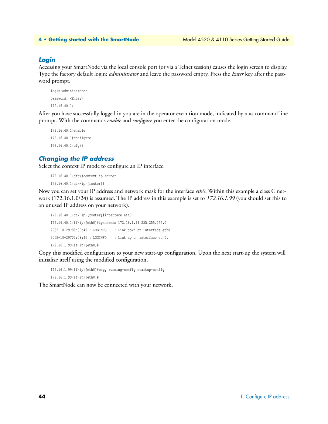 Patton electronic 4110 manual Login, Changing the IP address 