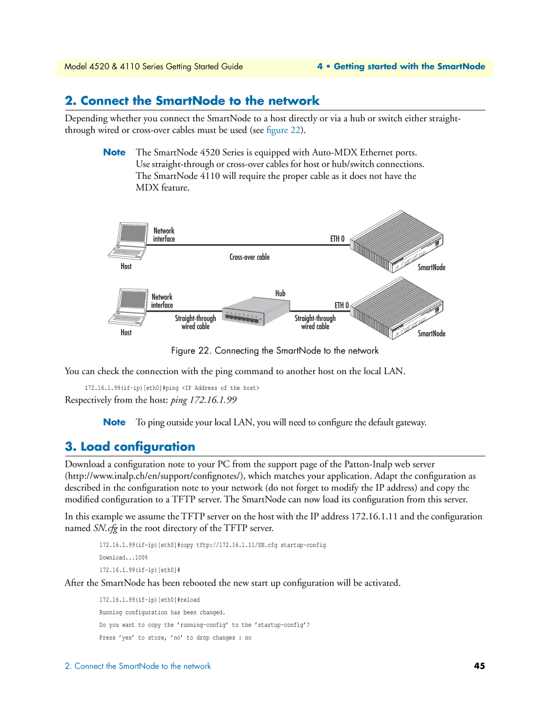 Patton electronic 4110 manual Connect the SmartNode to the network, Load conﬁguration 