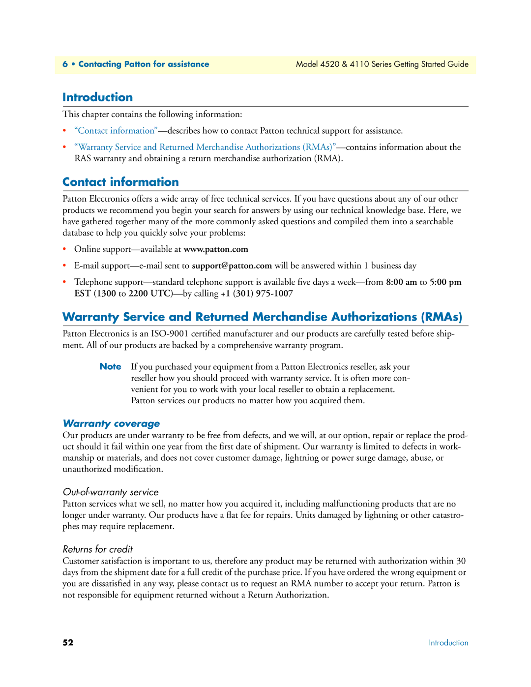 Patton electronic 4110 manual Contact information, Warranty coverage 