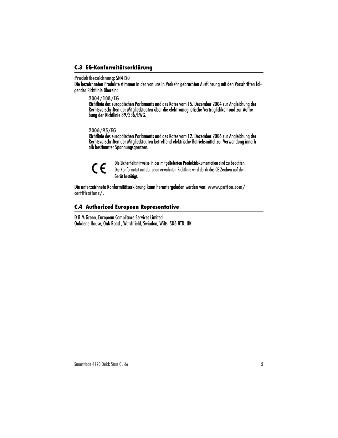 Patton electronic quick start Produktbezeichnung SN4120, 2004/108/EG, 2006/95/EG, Certifications 