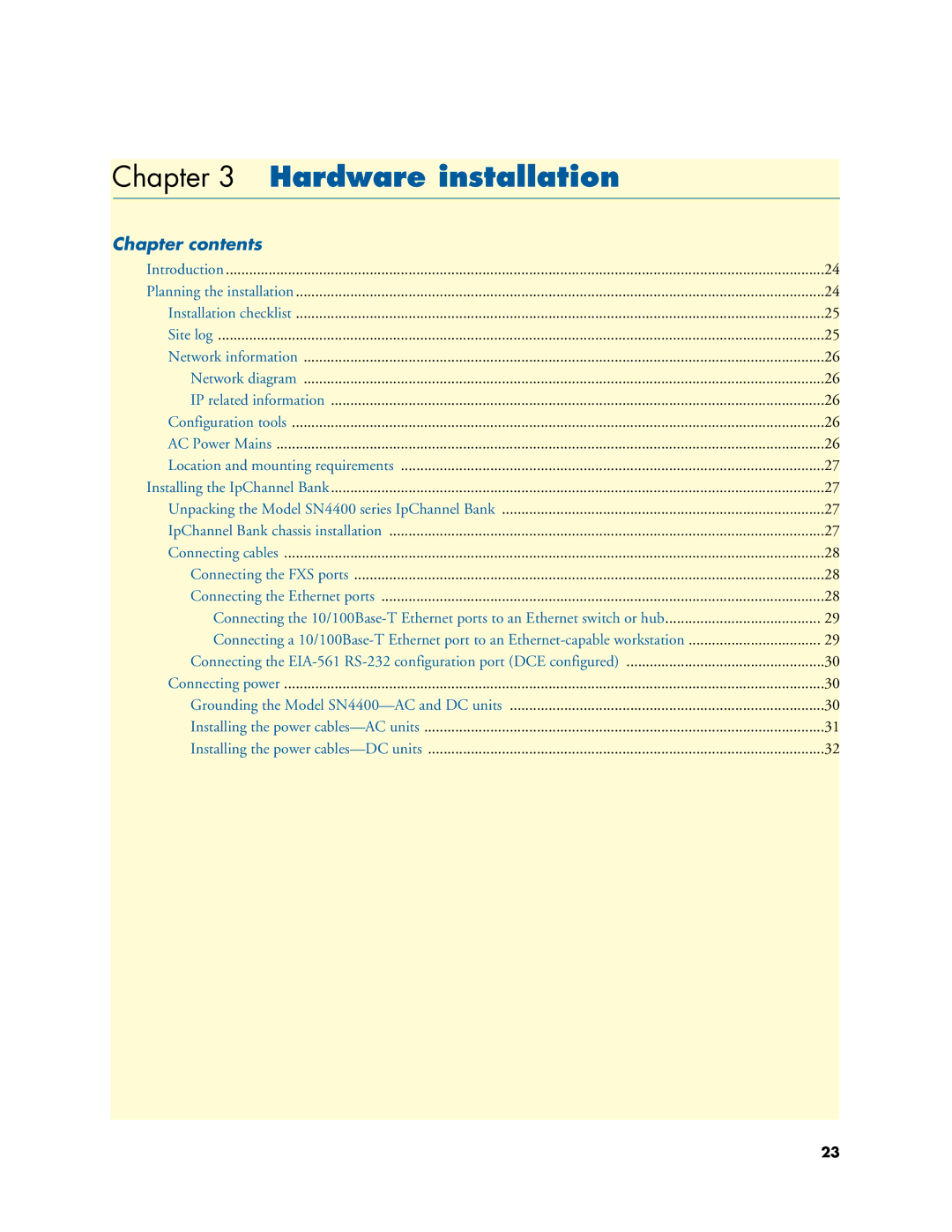 Patton electronic 4400 manual Hardware installation, Chapter contents 