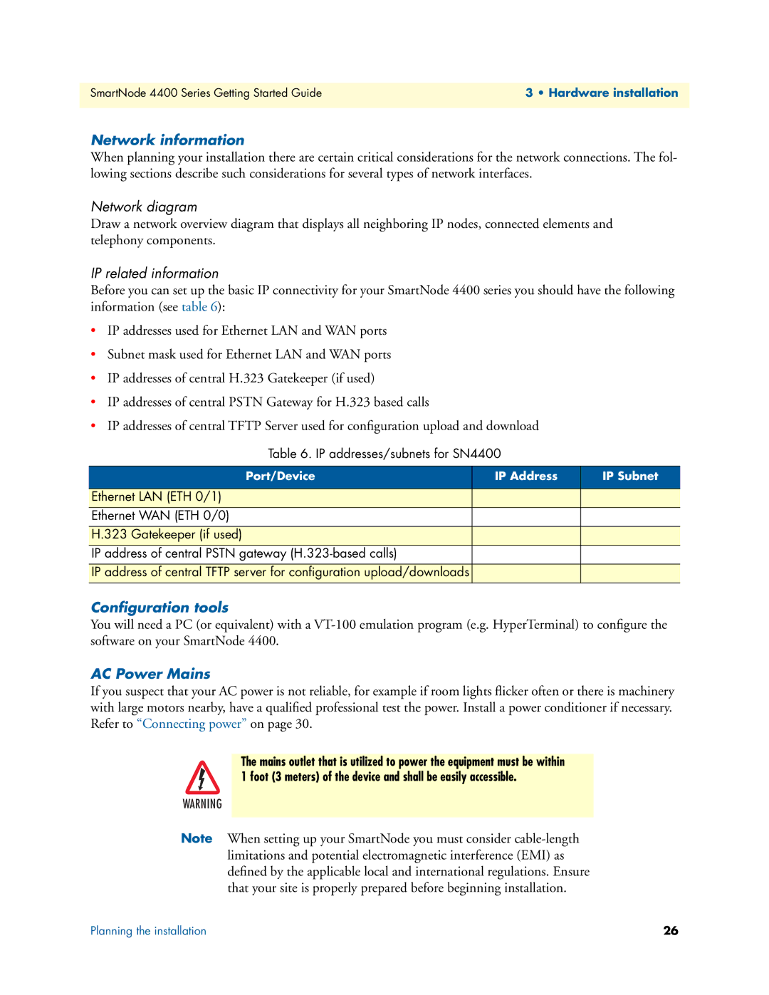 Patton electronic 4400 manual Network information, Conﬁguration tools, AC Power Mains 