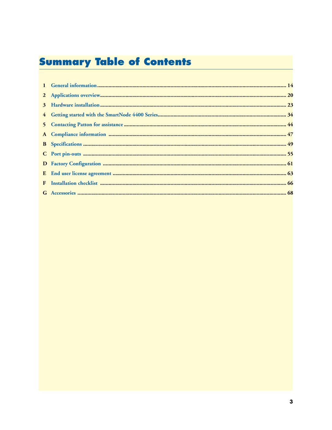 Patton electronic 4400 manual Summary Table of Contents 