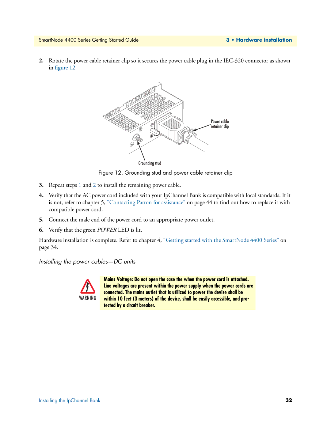 Patton electronic 4400 manual Installing the power cables-DC units 