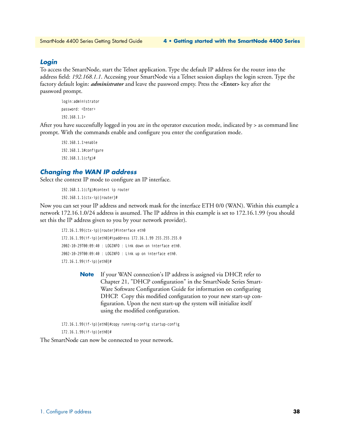 Patton electronic 4400 manual Login, Changing the WAN IP address 