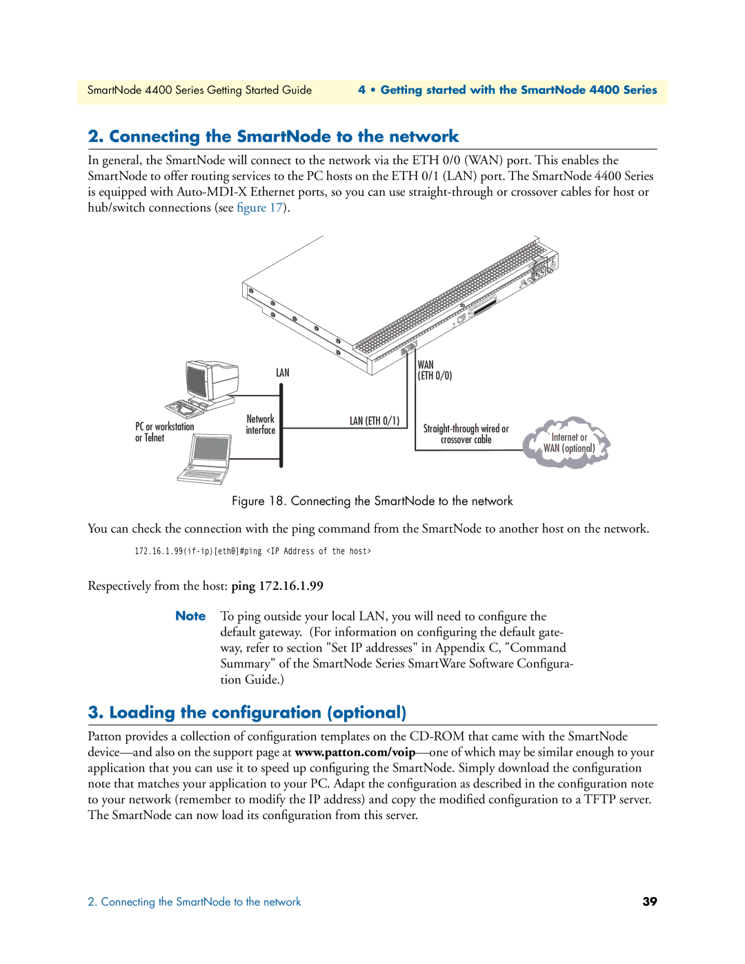 Patton electronic 4400 manual Connecting the SmartNode to the network, Loading the conﬁguration optional 