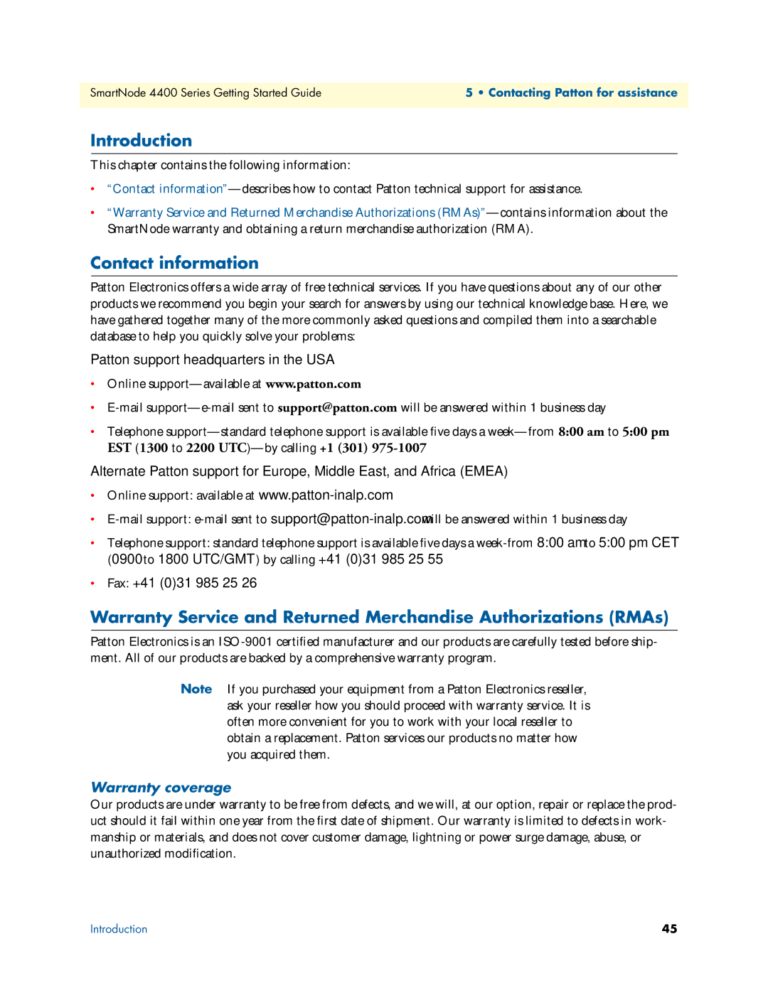 Patton electronic 4400 manual Contact information, Warranty coverage 