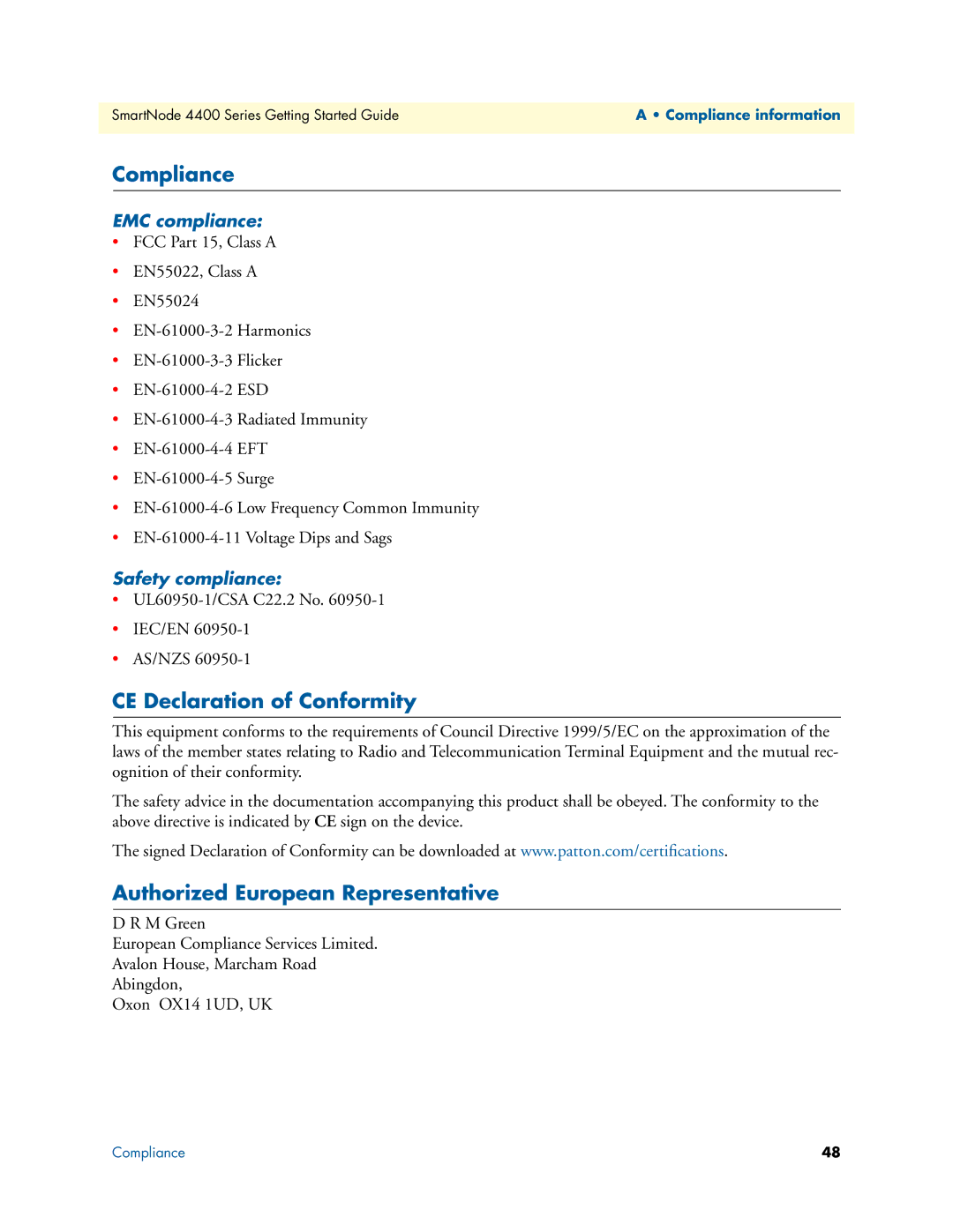 Patton electronic 4400 manual Compliance, CE Declaration of Conformity, Authorized European Representative, EMC compliance 