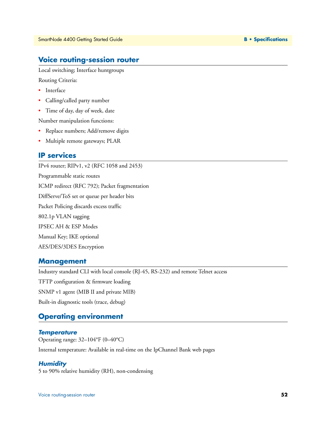 Patton electronic 4400 manual Voice routing-session router, IP services, Management, Operating environment 