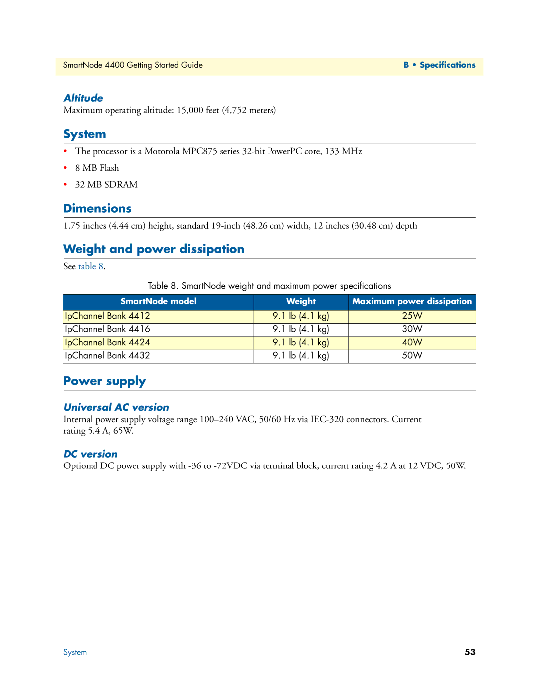 Patton electronic 4400 manual System, Dimensions, Weight and power dissipation, Power supply 