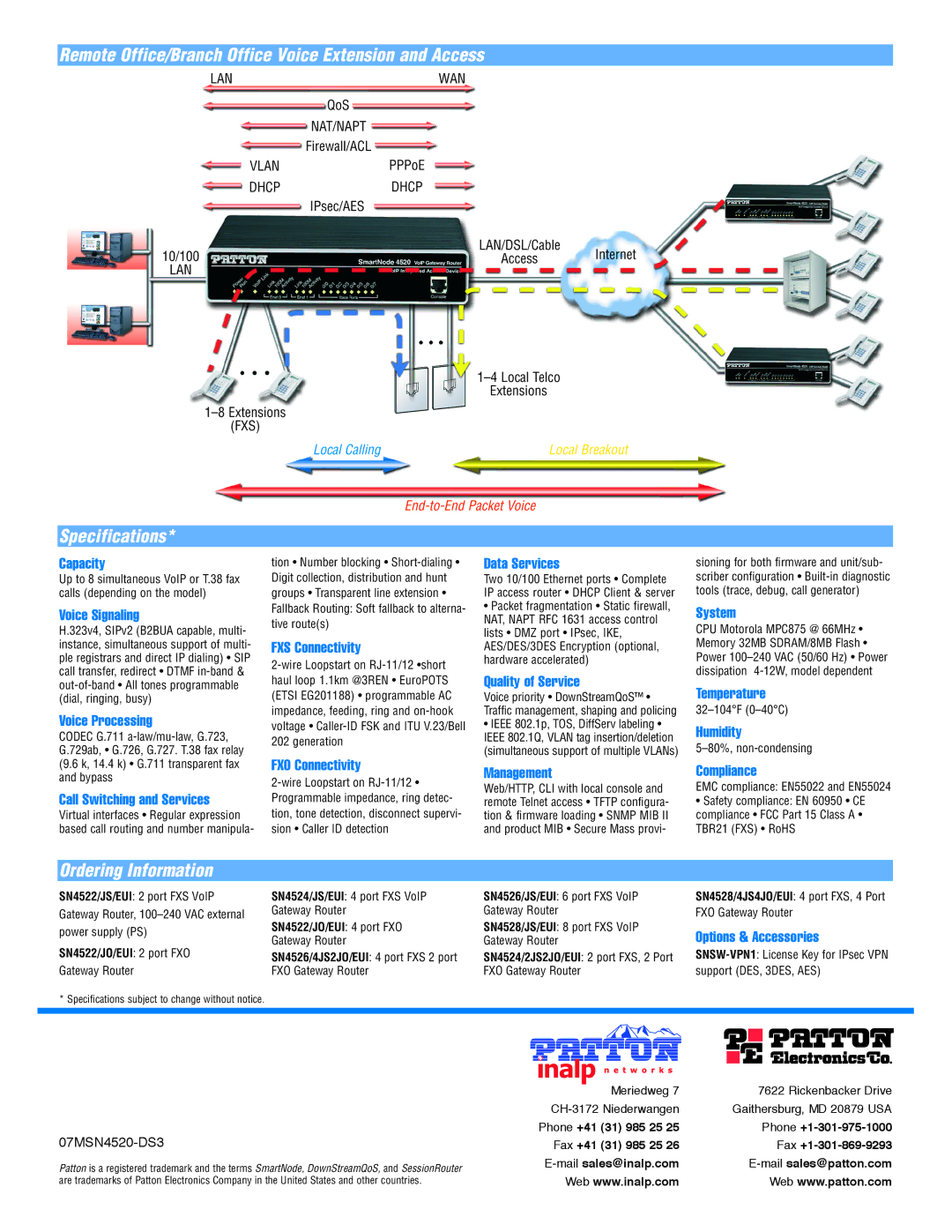 Patton electronic 4520 Series Remote Office/Branch Office Voice Extension and Access, Specifications, Ordering Information 