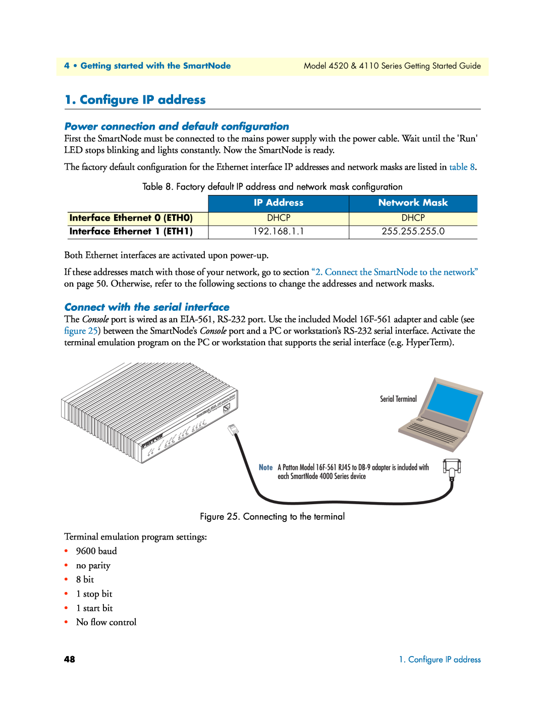 Patton electronic 4520 Conﬁgure IP address, Power connection and default conﬁguration, Connect with the serial interface 
