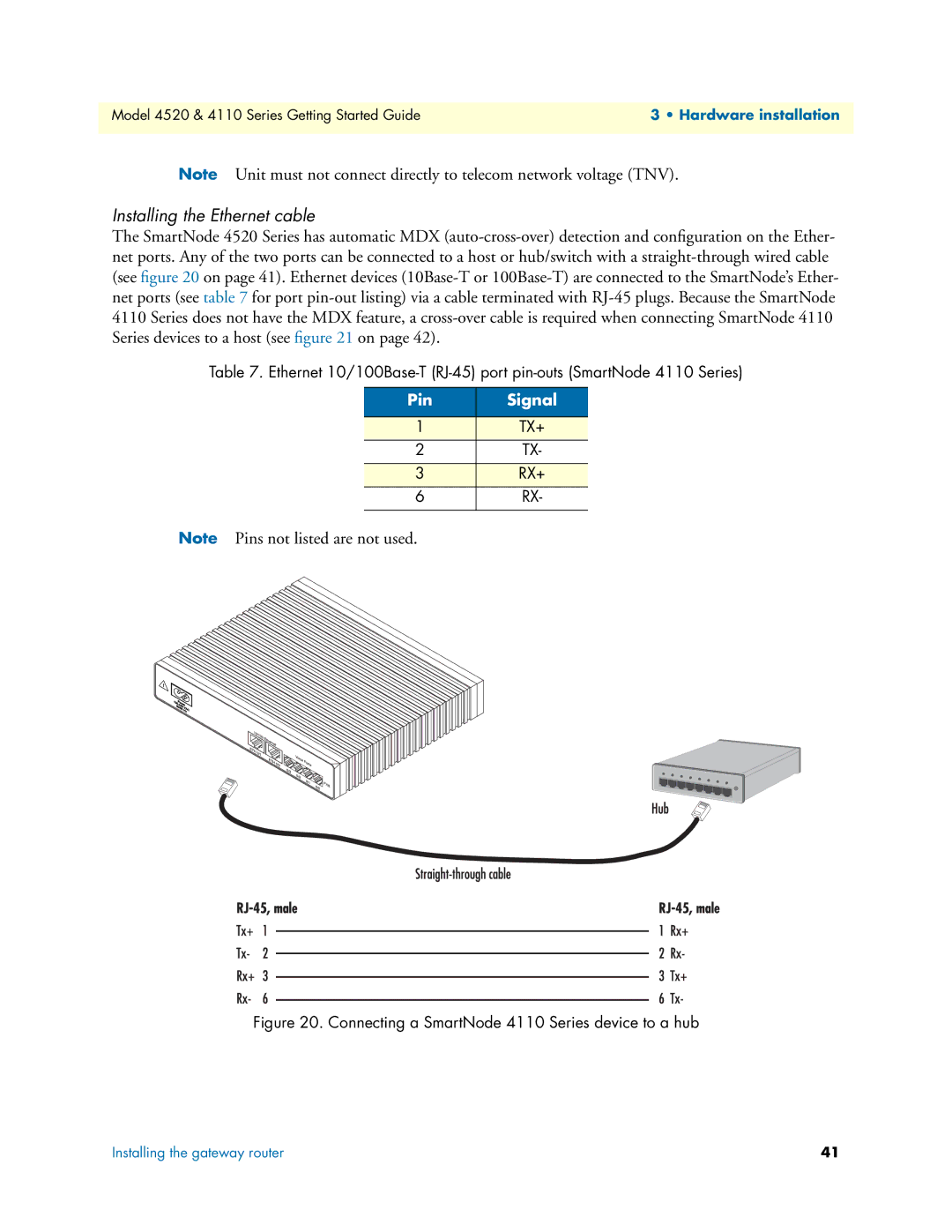 Patton electronic 4520 manual Installing the Ethernet cable 