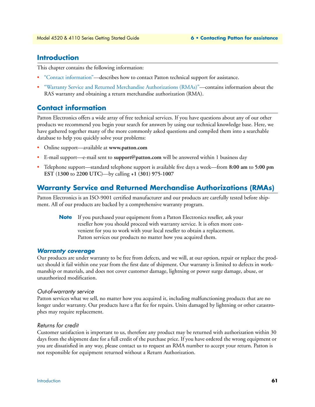 Patton electronic 4520 manual Contact information, Warranty coverage 