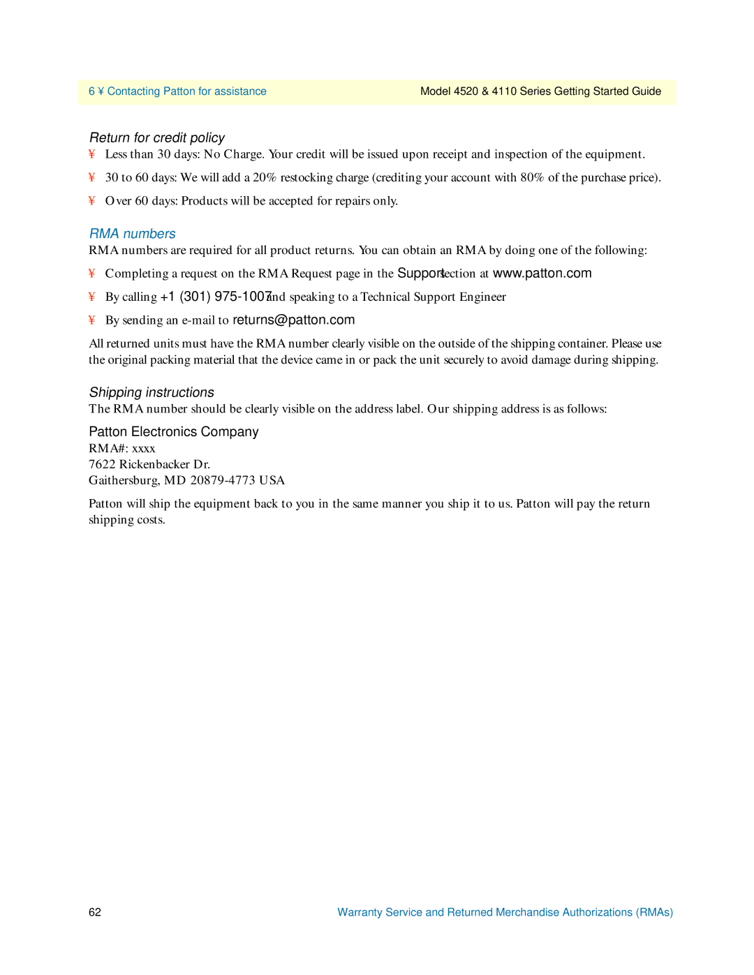 Patton electronic 4520 manual Return for credit policy, RMA numbers 