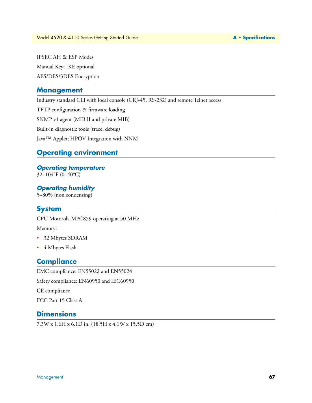 Patton electronic 4520 manual Management, Operating environment, System, Compliance, Dimensions 