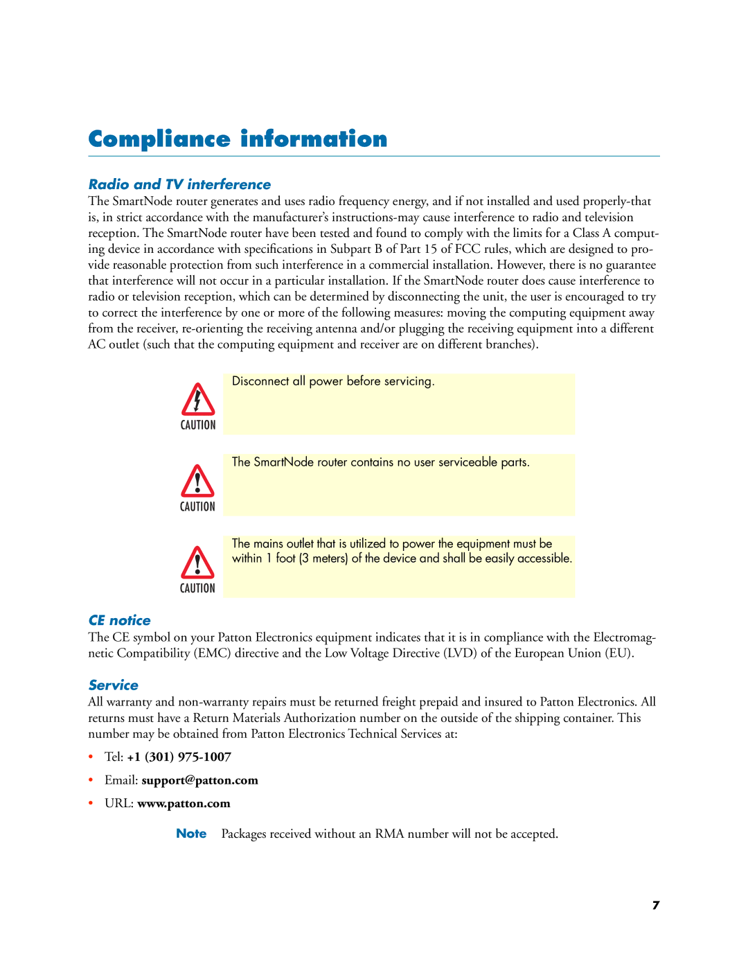 Patton electronic 4520 manual Compliance information, Radio and TV interference, CE notice, Service 