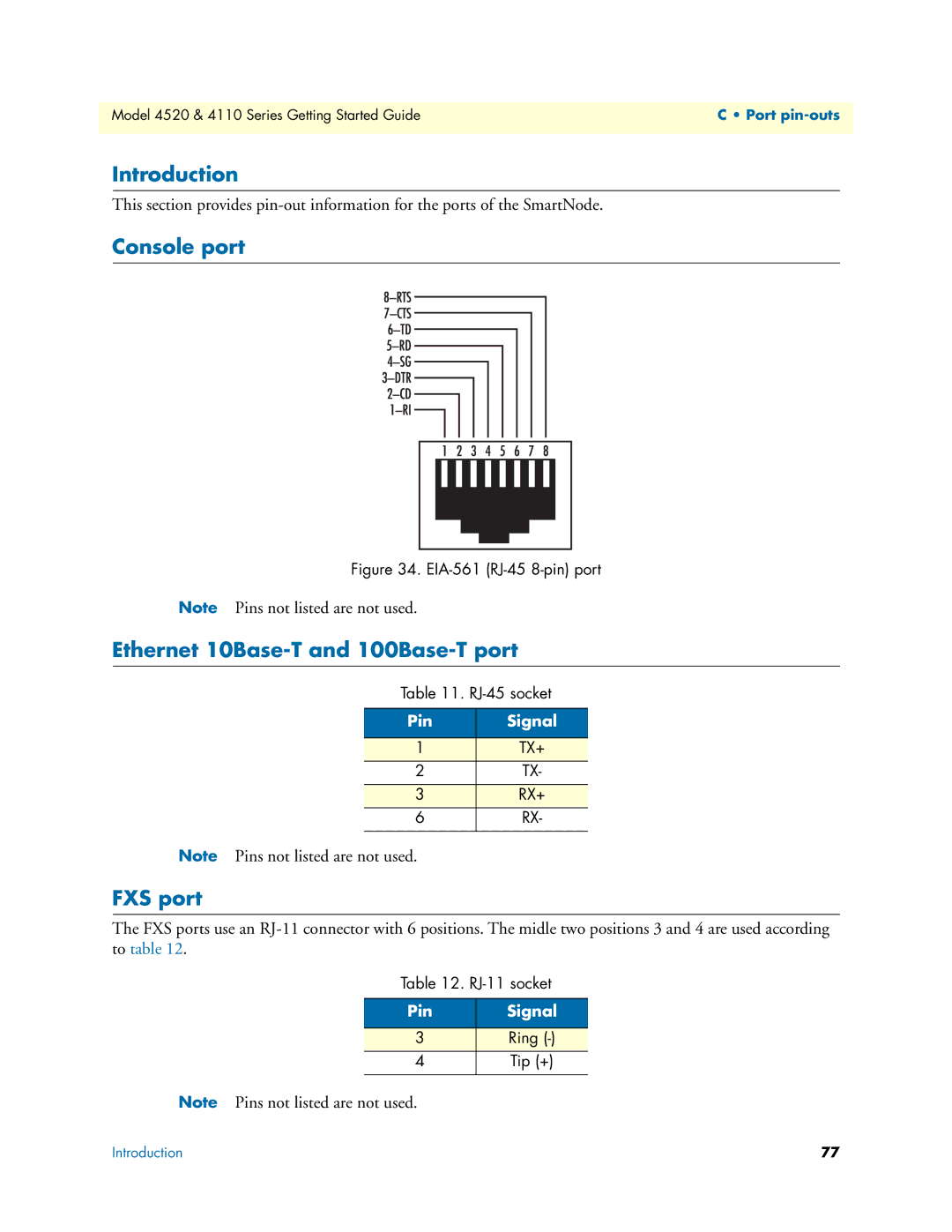 Patton electronic 4520 manual Console port, Ethernet 10Base-T and 100Base-T port, FXS port 