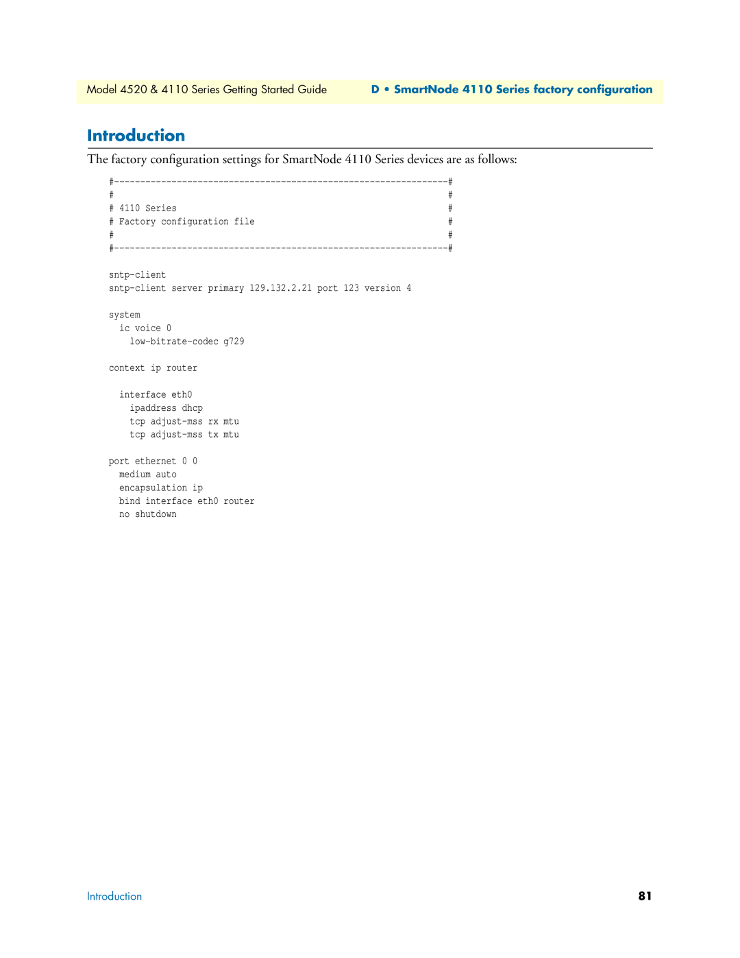 Patton electronic 4520 manual SmartNode 4110 Series factory configuration 