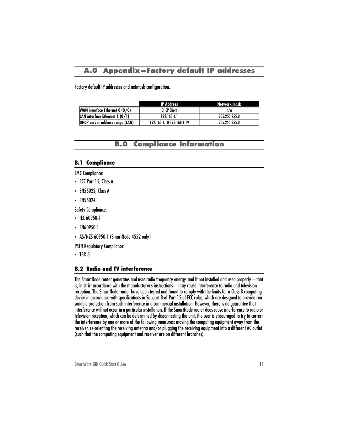 Patton electronic 1400, 4552, 1200 Appendix-Factory default IP addresses, Compliance Information, Radio and TV interference 