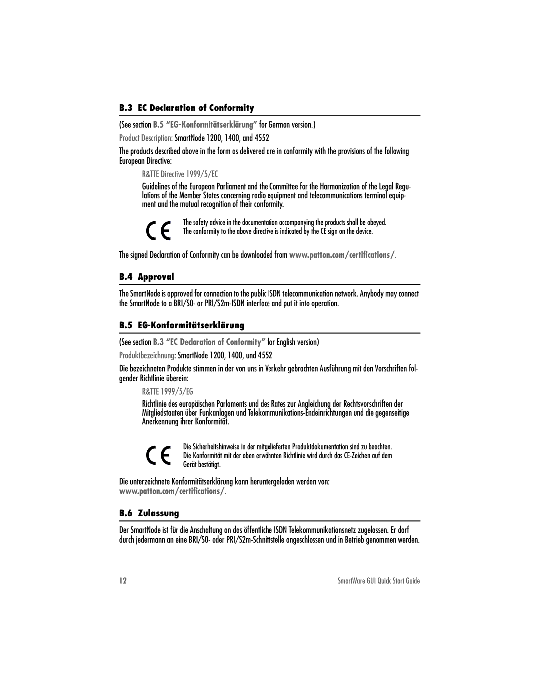 Patton electronic 4552, 1200, 1400 quick start EC Declaration of Conformity, Approval, EG-Konformitätserklärung, Zulassung 