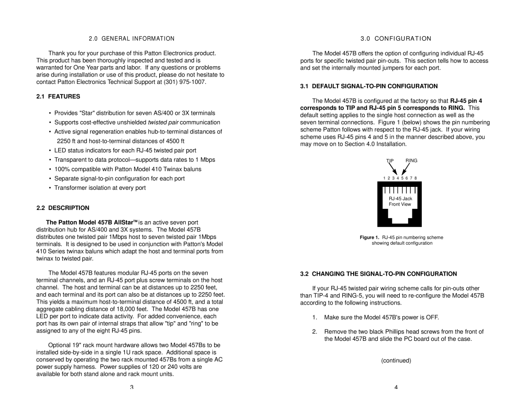 Patton electronic 457B user manual General Information, Features, Description, Default SIGNAL-TO-PIN Configuration 