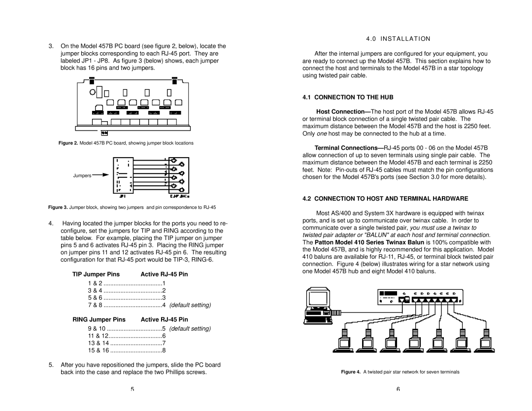 Patton electronic 457B user manual TIP Jumper Pins Active RJ-45 Pin, Ring Jumper Pins Active RJ-45 Pin, Installation 