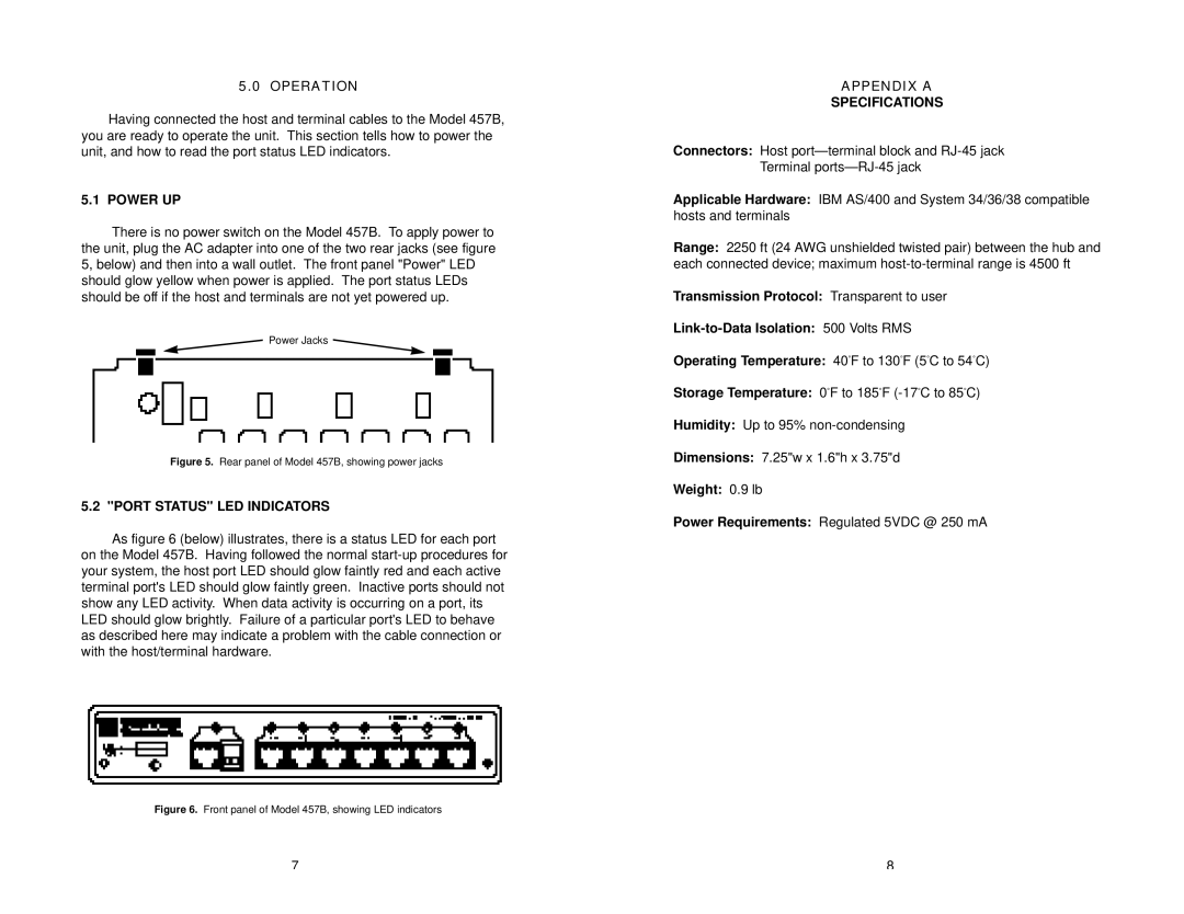 Patton electronic 457B Operation, Power UP, Port Status LED Indicators, Appendix a Specifications, Weight 0.9 lb 
