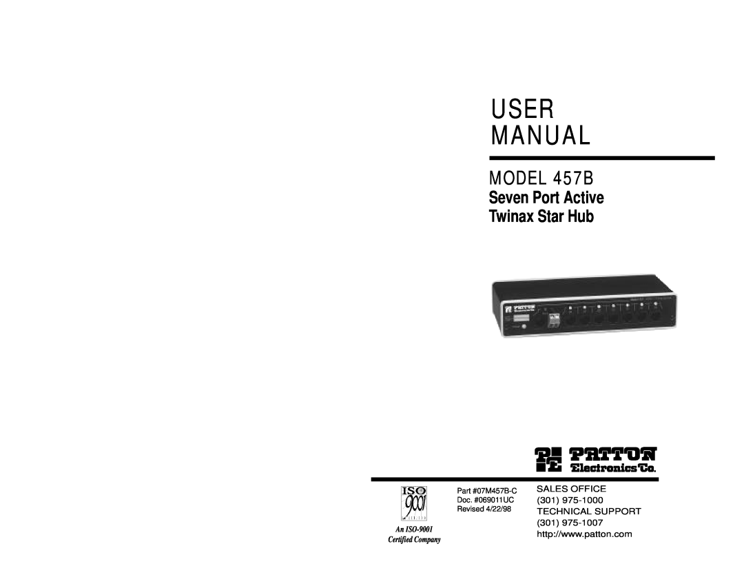 Patton electronic user manual MODEL 457B, Seven Port Active Twinax Star Hub, An ISO-9001, Certified Company 