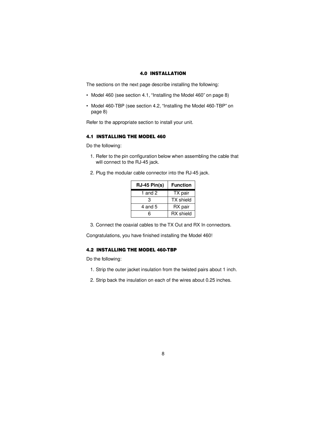 Patton electronic user manual Installation, RJ-45 Pins Function, Installing the Model 460-TBP 