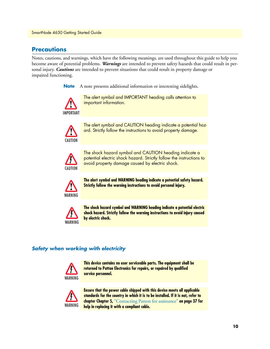 Patton electronic 4630 Series manual Precautions, Safety when working with electricity 