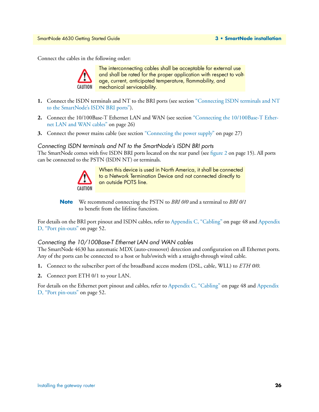 Patton electronic 4630 Series manual Connecting the 10/100Base-T Ethernet LAN and WAN cables 