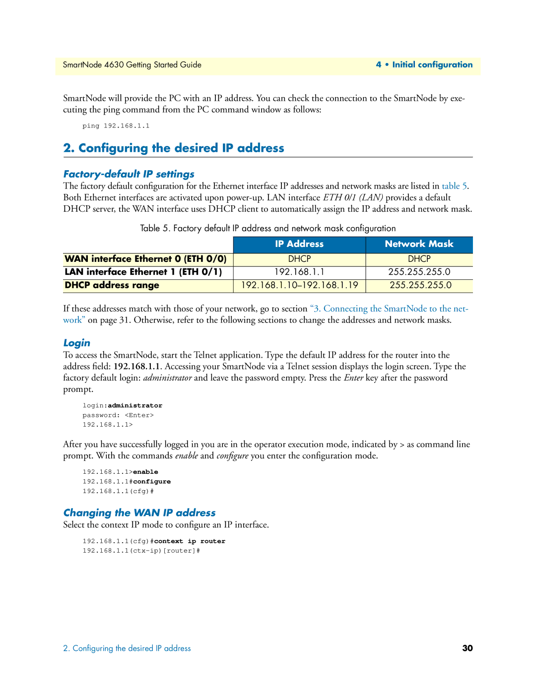 Patton electronic 4630 Series manual Conﬁguring the desired IP address, Factory-default IP settings, Login 