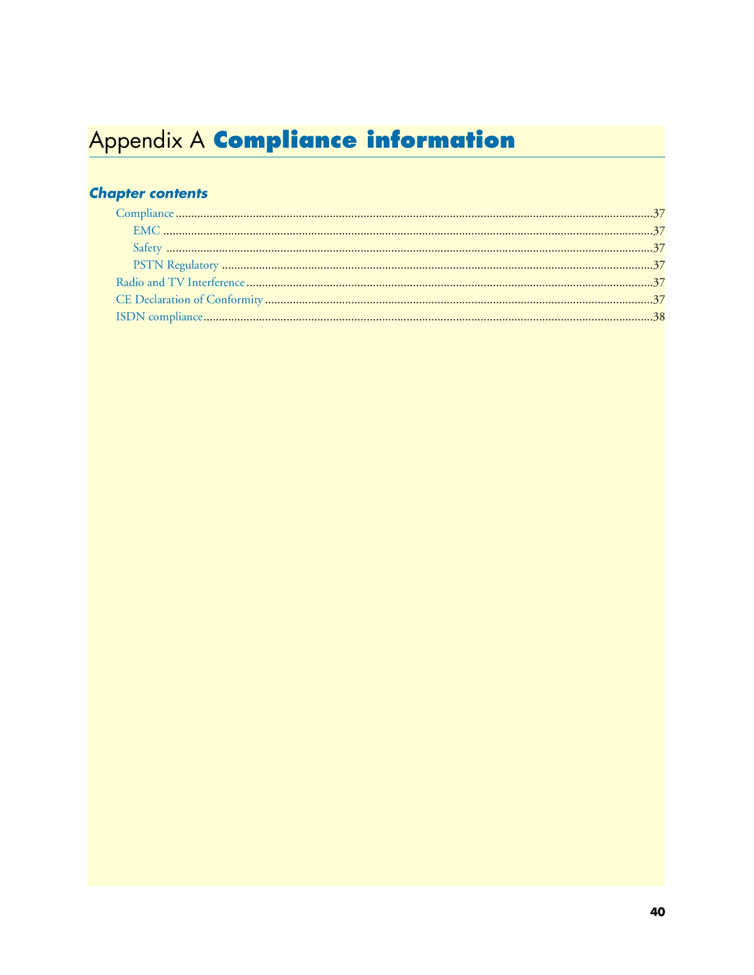 Patton electronic 4630 Series manual Appendix a Compliance information, Chapter contents 