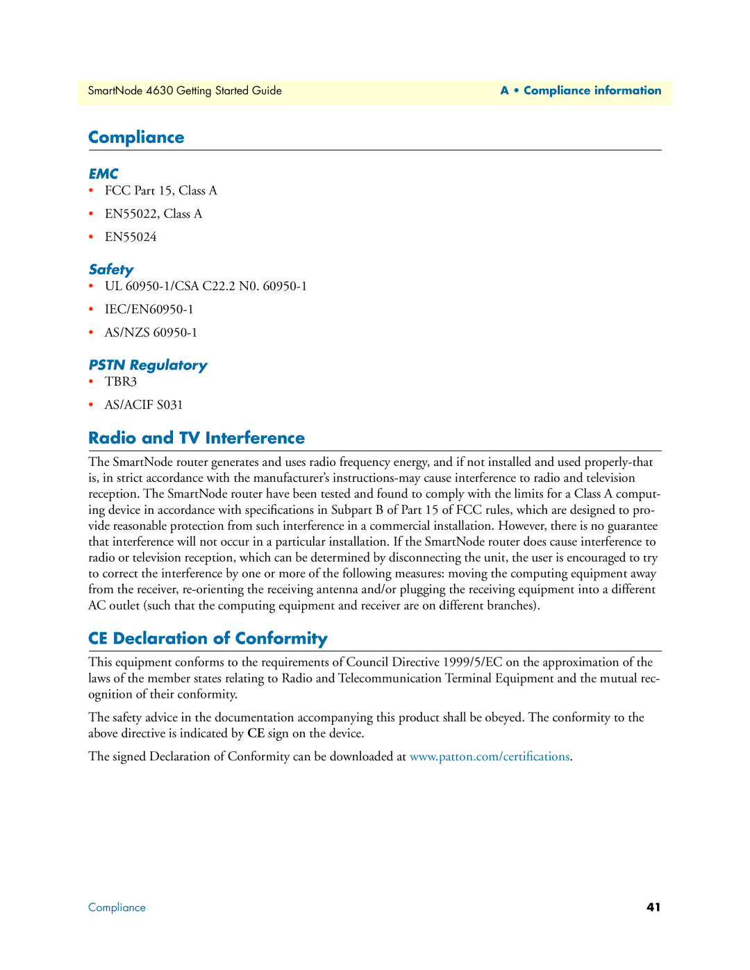 Patton electronic 4630 Series Compliance, Radio and TV Interference, CE Declaration of Conformity, Safety, Pstn Regulatory 