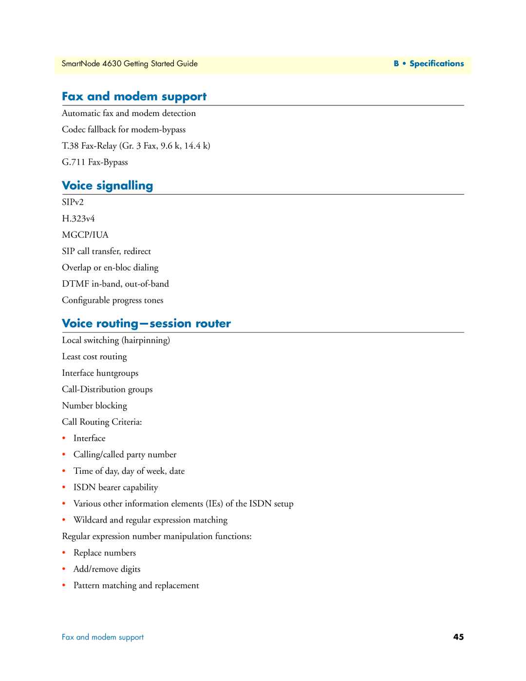 Patton electronic 4630 Series manual Fax and modem support, Voice signalling, Voice routing-session router 