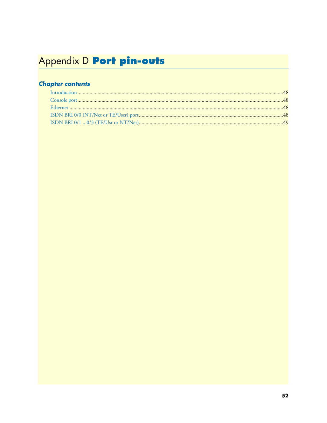 Patton electronic 4630 Series manual Appendix D Port pin-outs, Chapter contents 