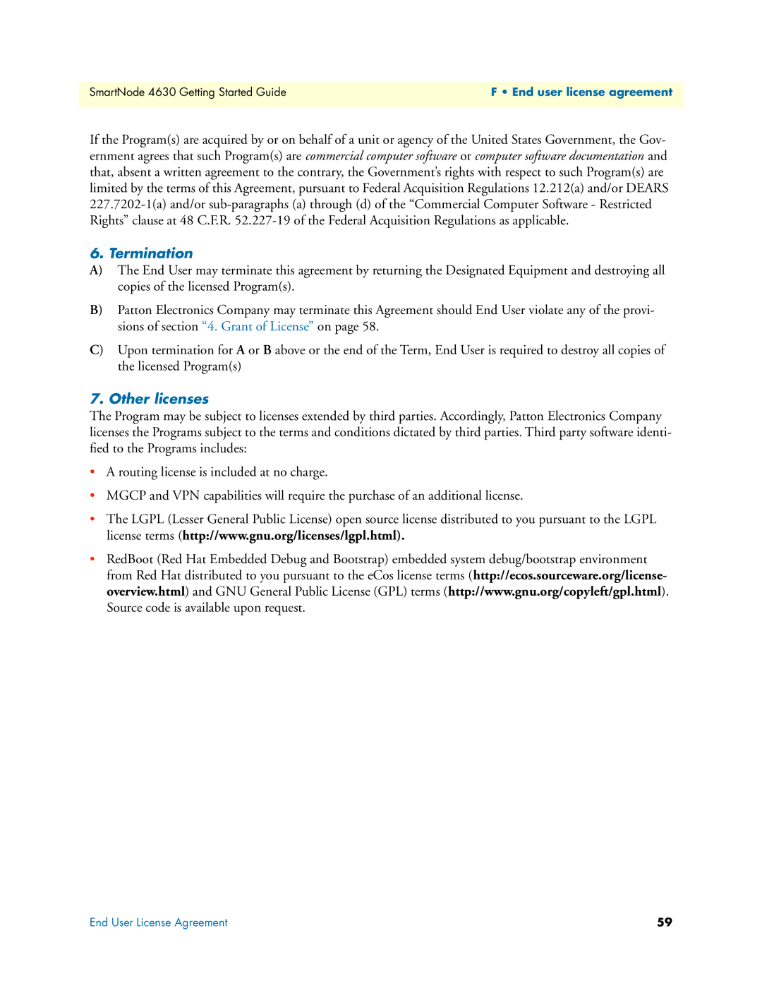 Patton electronic 4630 Series manual Termination, Other licenses 