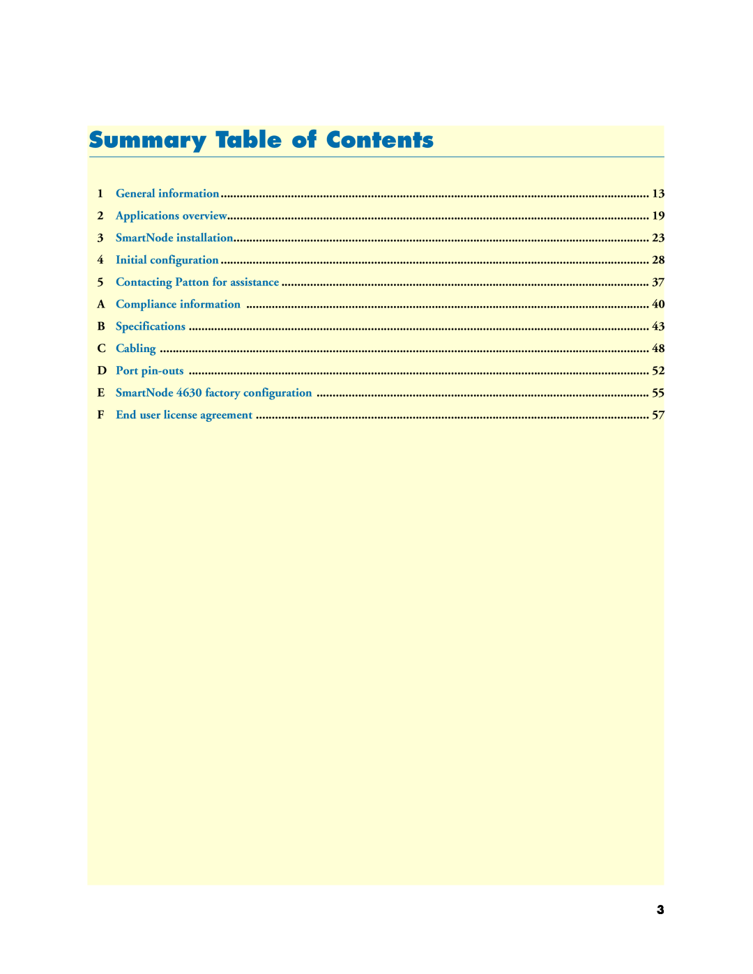 Patton electronic 4630 Series manual Summary Table of Contents 
