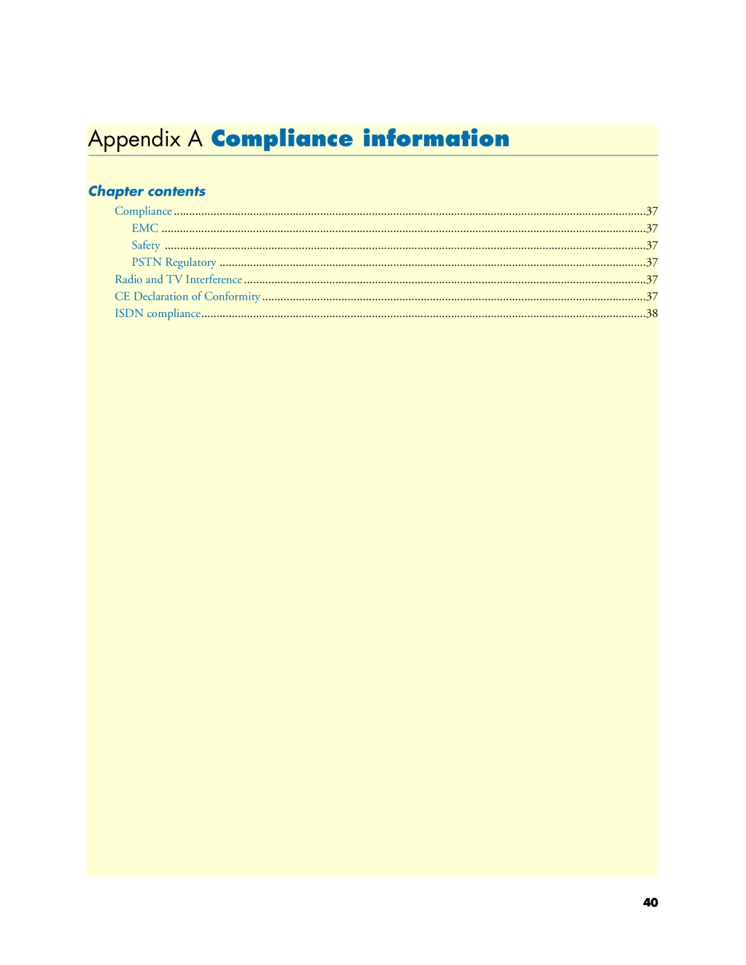 Patton electronic 4630 Series manual Appendix A Compliance information, Chapter contents 