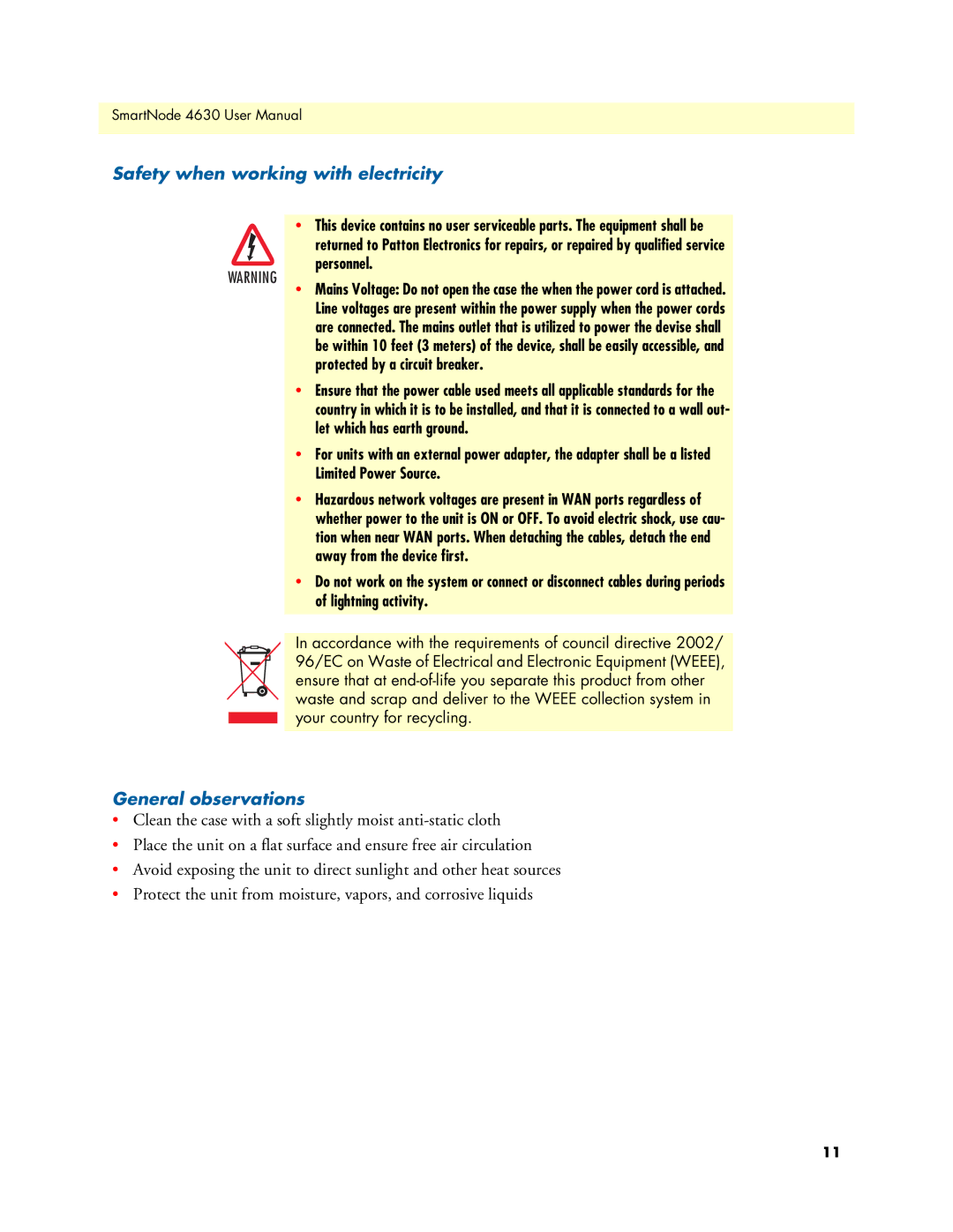 Patton electronic 4630 user manual Safety when working with electricity, General observations 