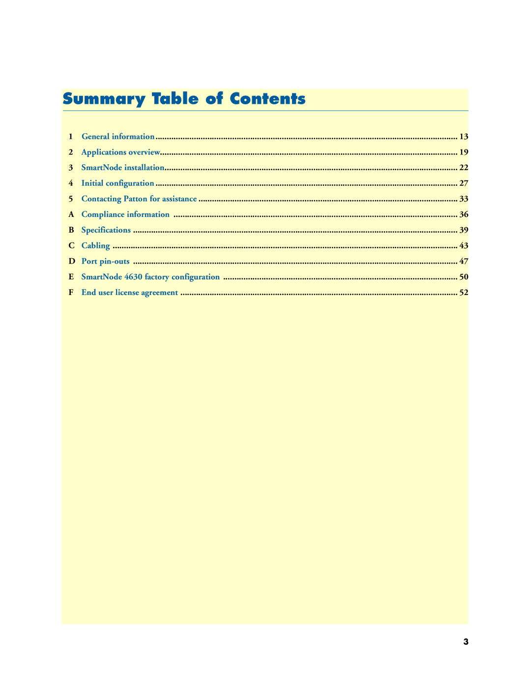 Patton electronic 4630 user manual Summary Table of Contents 